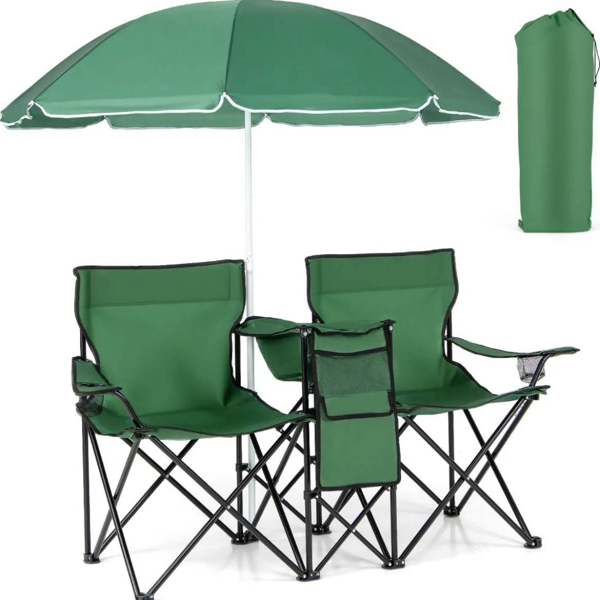 2-Sitzer Campingstuhl mit Sonnenschirm Klappbarer Angelstuhl mit Tragetasche Faltstuhl