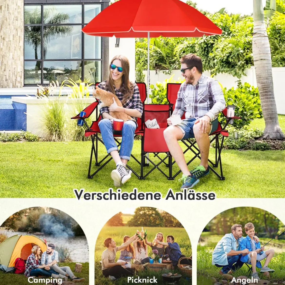 2-Sitzer Campingstuhl mit Sonnenschirm Klappbarer Angelstuhl mit Tragetasche Faltstuhl