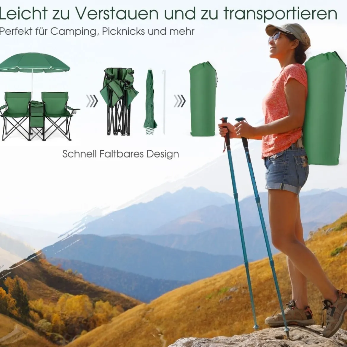 2-Sitzer Campingstuhl mit Sonnenschirm Klappbarer Angelstuhl mit Tragetasche Faltstuhl
