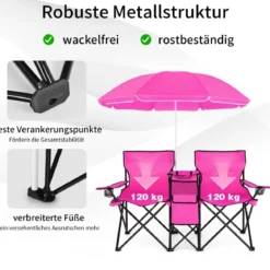 2-Sitzer Campingstuhl mit Sonnenschirm Klappbarer Angelstuhl mit Tragetasche Faltstuhl