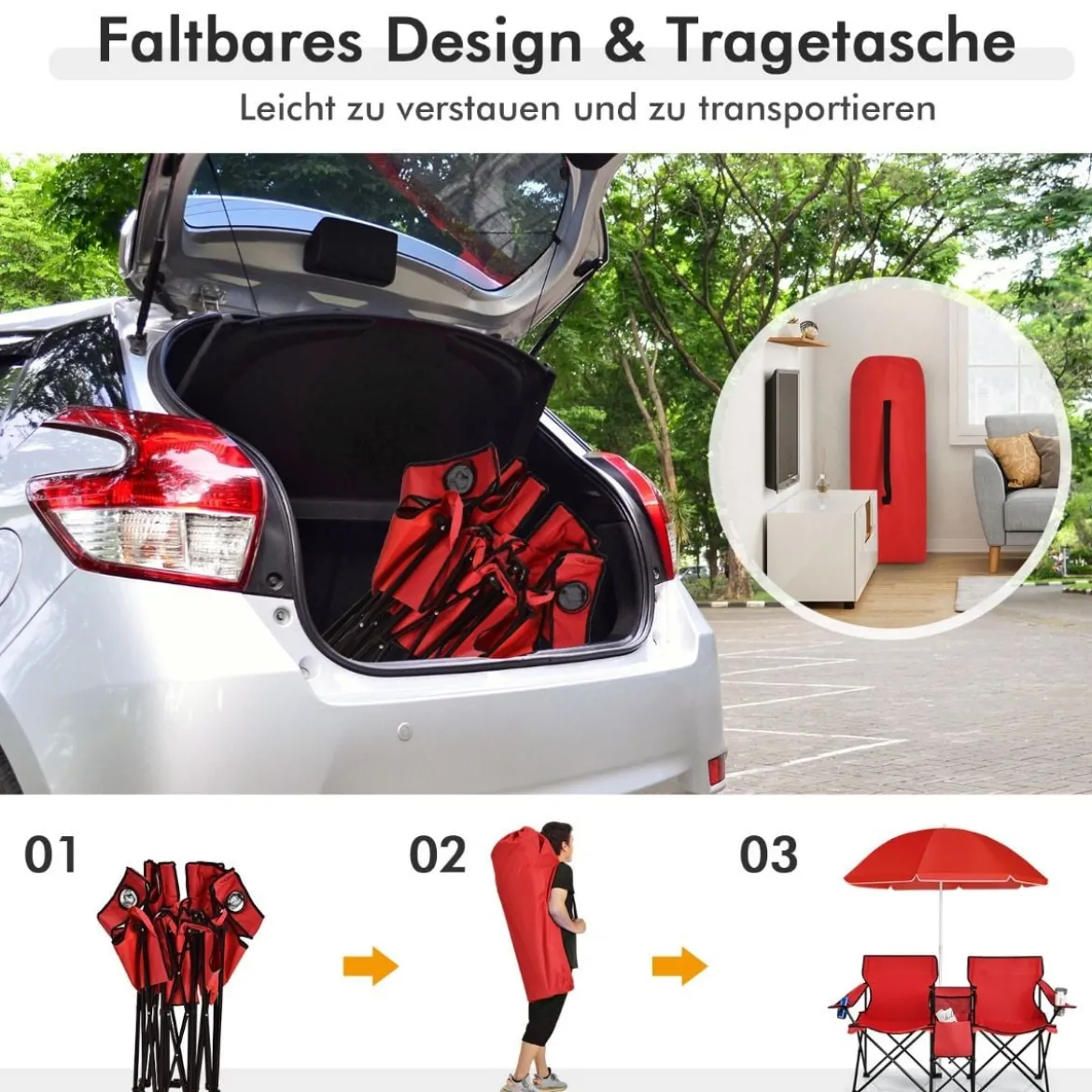 2-Sitzer Campingstuhl mit Sonnenschirm Klappbarer Angelstuhl mit Tragetasche Faltstuhl
