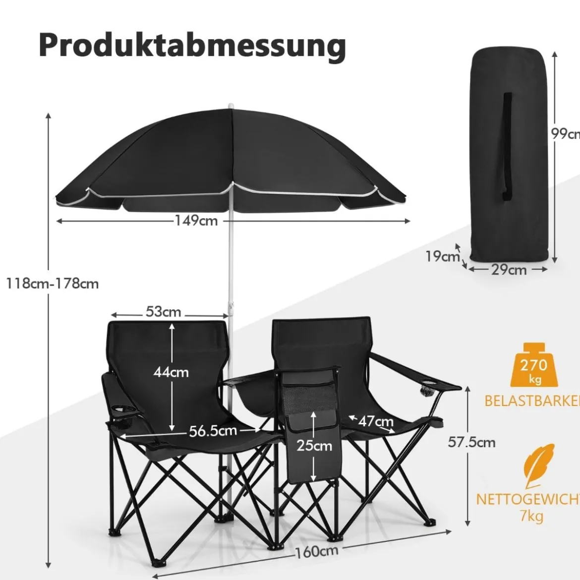 2-Sitzer Campingstuhl mit Sonnenschirm Klappbarer Angelstuhl mit Tragetasche Faltstuhl