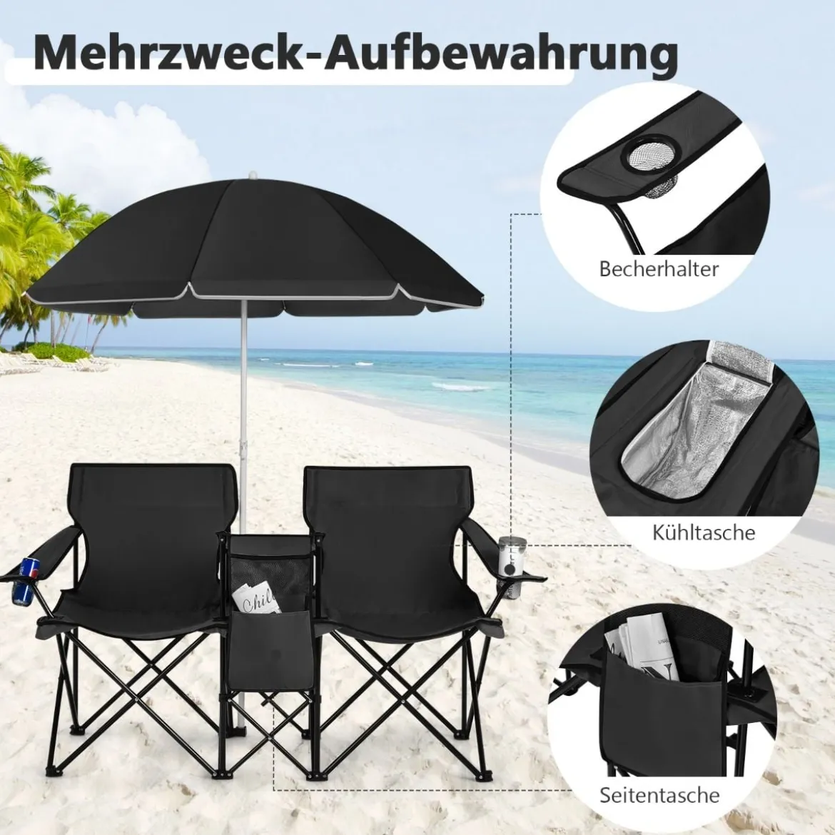 2-Sitzer Campingstuhl mit Sonnenschirm Klappbarer Angelstuhl mit Tragetasche Faltstuhl