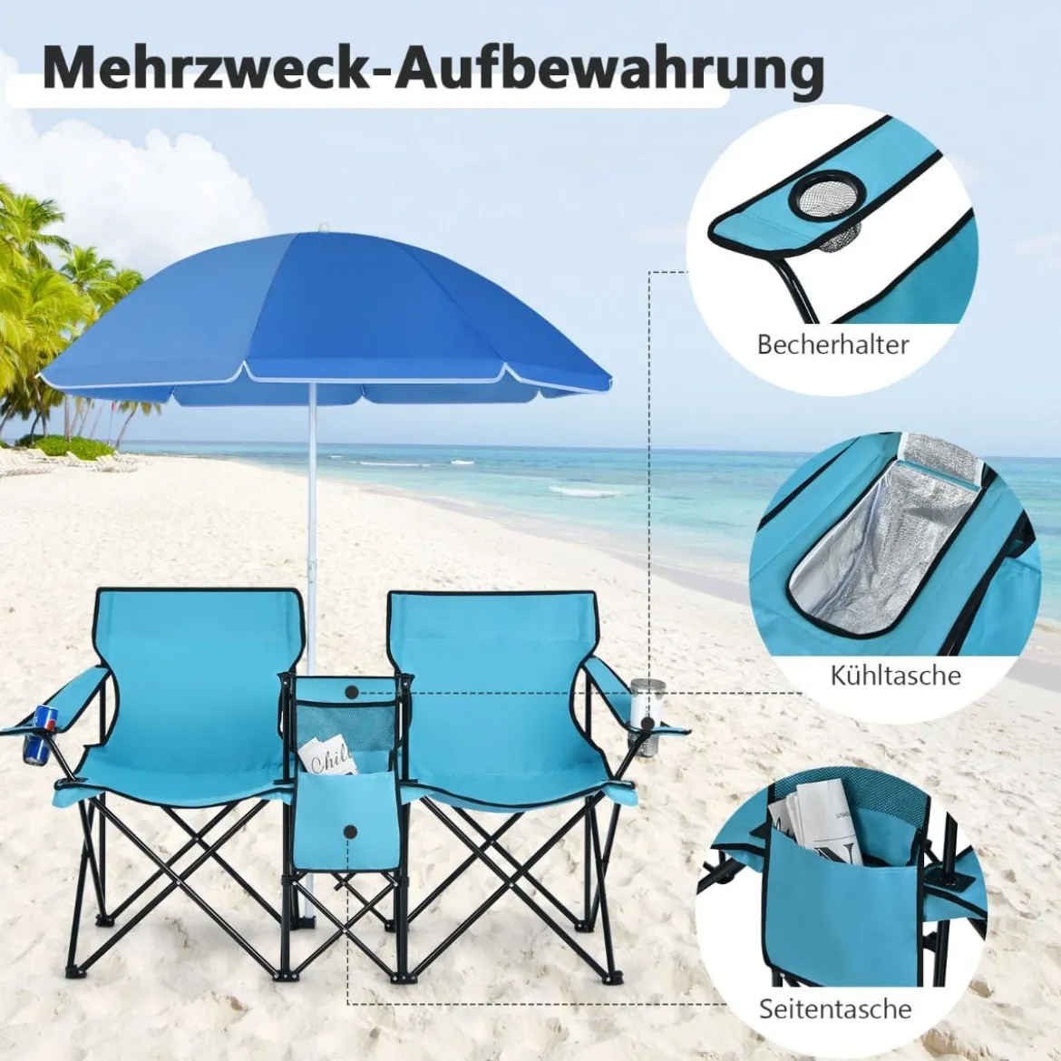 2-Sitzer Campingstuhl mit Sonnenschirm Klappbarer Angelstuhl mit Tragetasche Faltstuhl