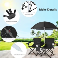 2-Sitzer Campingstuhl mit Sonnenschirm Klappbarer Angelstuhl mit Tragetasche Faltstuhl