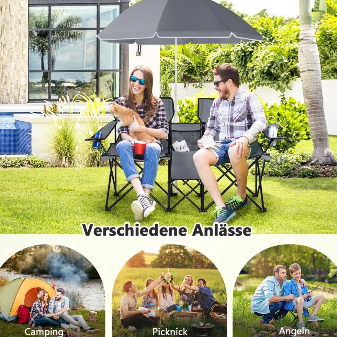 2-Sitzer Campingstuhl mit Sonnenschirm Klappbarer Angelstuhl mit Tragetasche Faltstuhl
