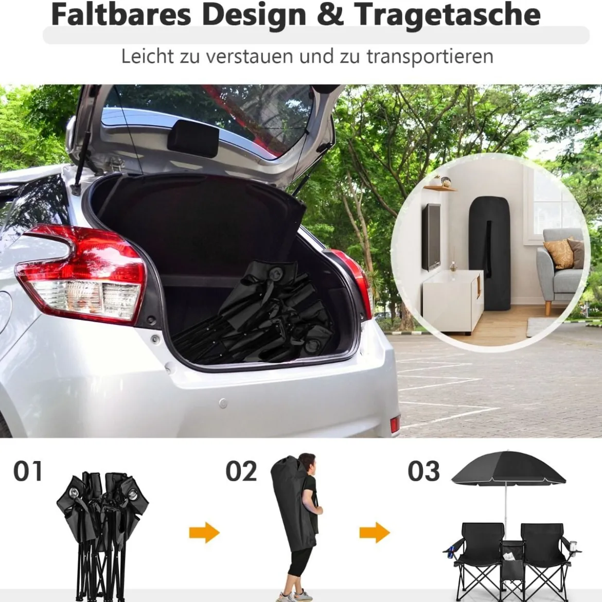 2-Sitzer Campingstuhl mit Sonnenschirm Klappbarer Angelstuhl mit Tragetasche Faltstuhl