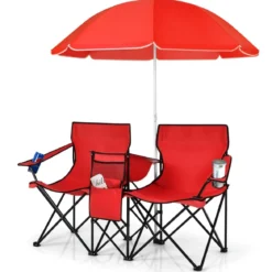 2-Sitzer Campingstuhl mit Sonnenschirm Klappbarer Angelstuhl mit Tragetasche Faltstuhl