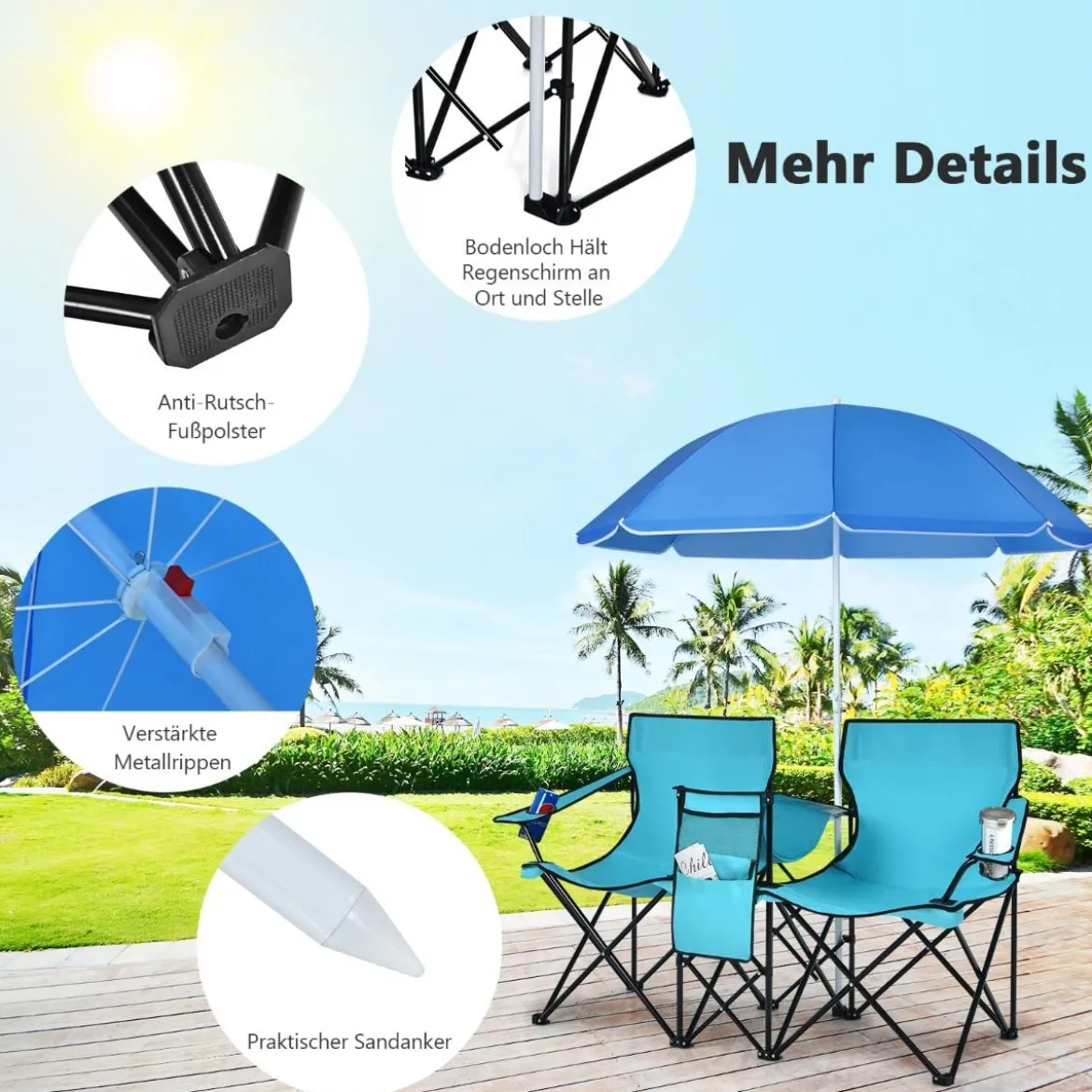 2-Sitzer Campingstuhl mit Sonnenschirm Klappbarer Angelstuhl mit Tragetasche Faltstuhl