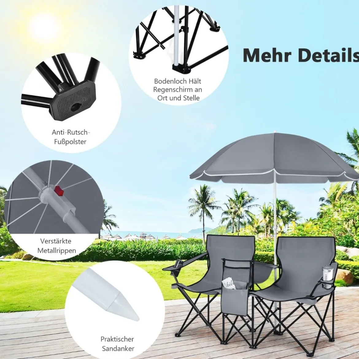 2-Sitzer Campingstuhl mit Sonnenschirm Klappbarer Angelstuhl mit Tragetasche Faltstuhl