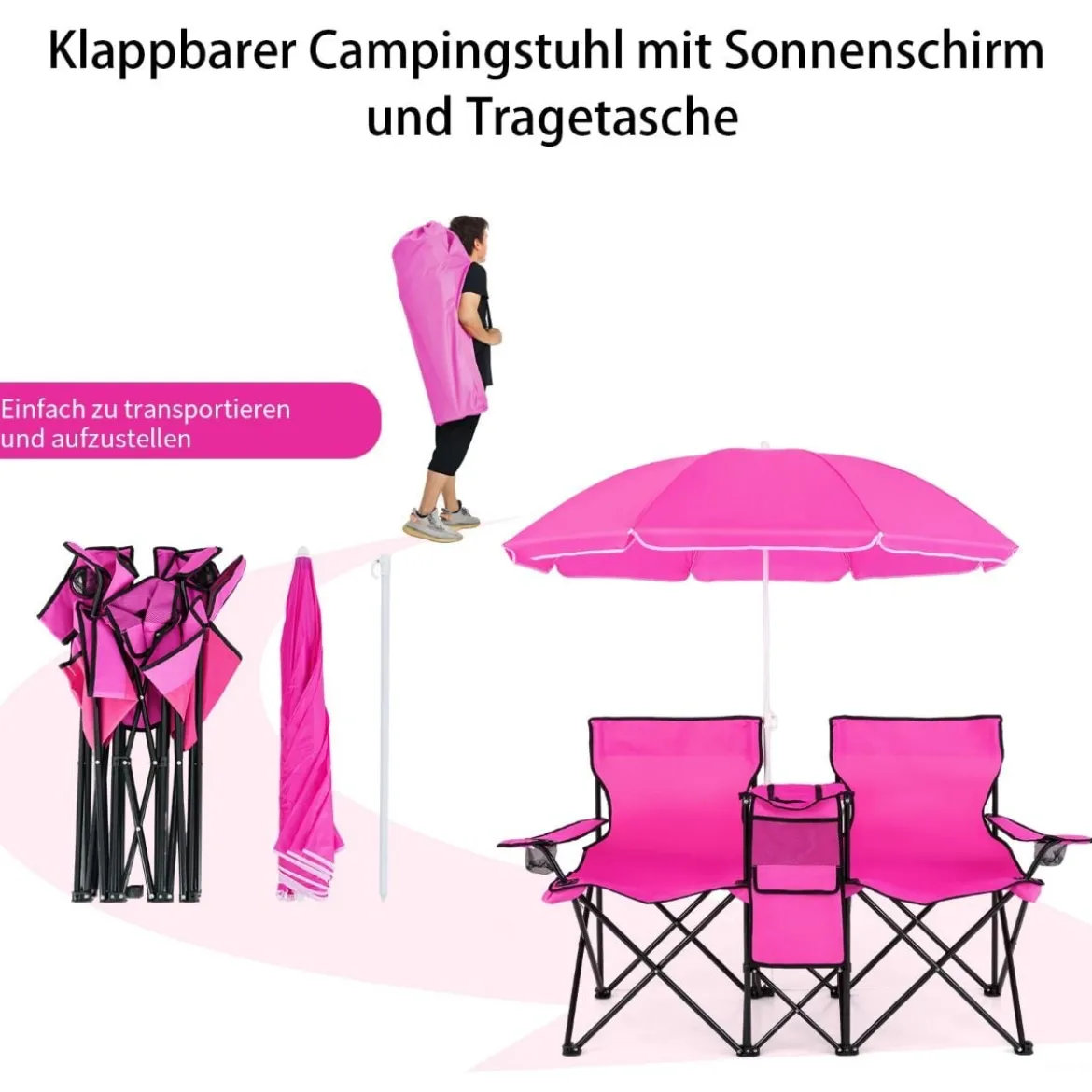 2-Sitzer Campingstuhl mit Sonnenschirm Klappbarer Angelstuhl mit Tragetasche Faltstuhl