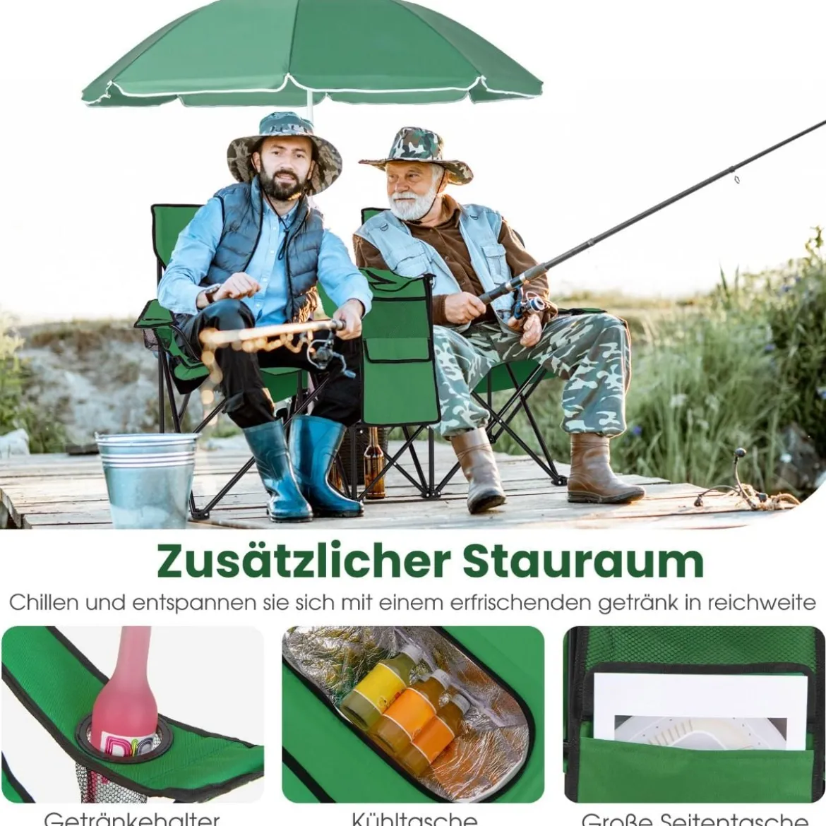 2-Sitzer Campingstuhl mit Sonnenschirm Klappbarer Angelstuhl mit Tragetasche Faltstuhl