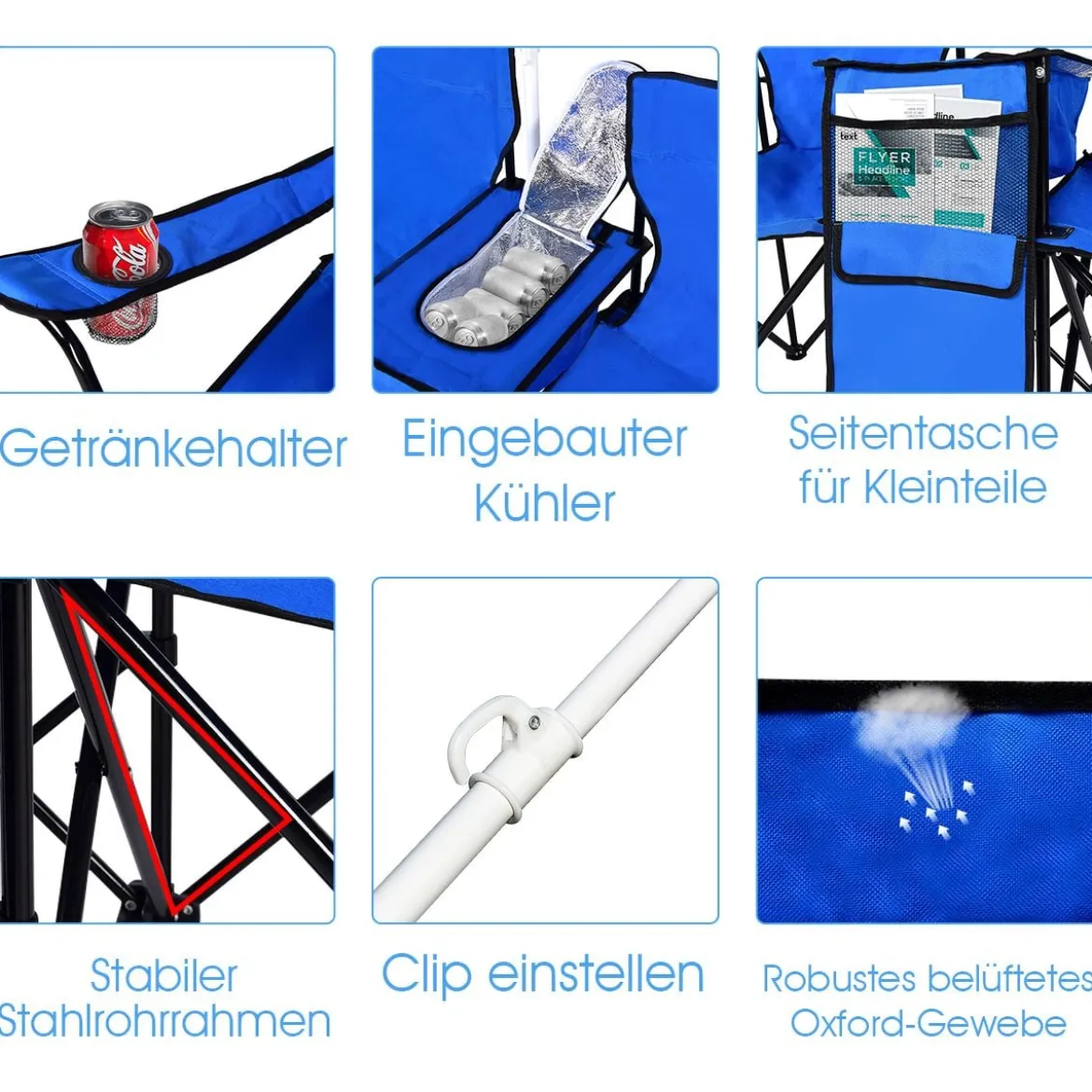 2-Sitzer Campingstuhl mit Sonnenschirm Klappbarer Angelstuhl mit Tragetasche Faltstuhl