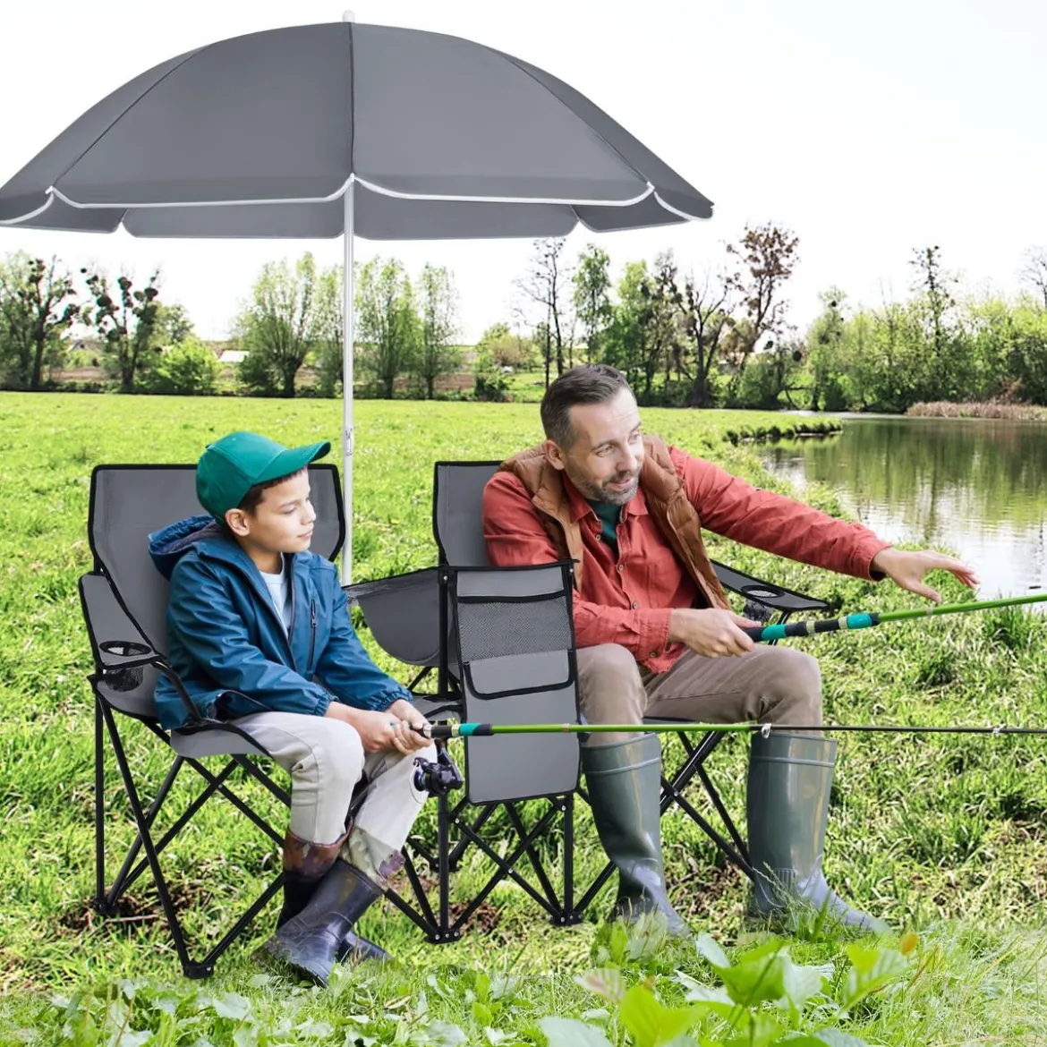 2-Sitzer Campingstuhl mit Sonnenschirm Klappbarer Angelstuhl mit Tragetasche Faltstuhl