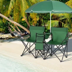2-Sitzer Campingstuhl mit Sonnenschirm Klappbarer Angelstuhl mit Tragetasche Faltstuhl