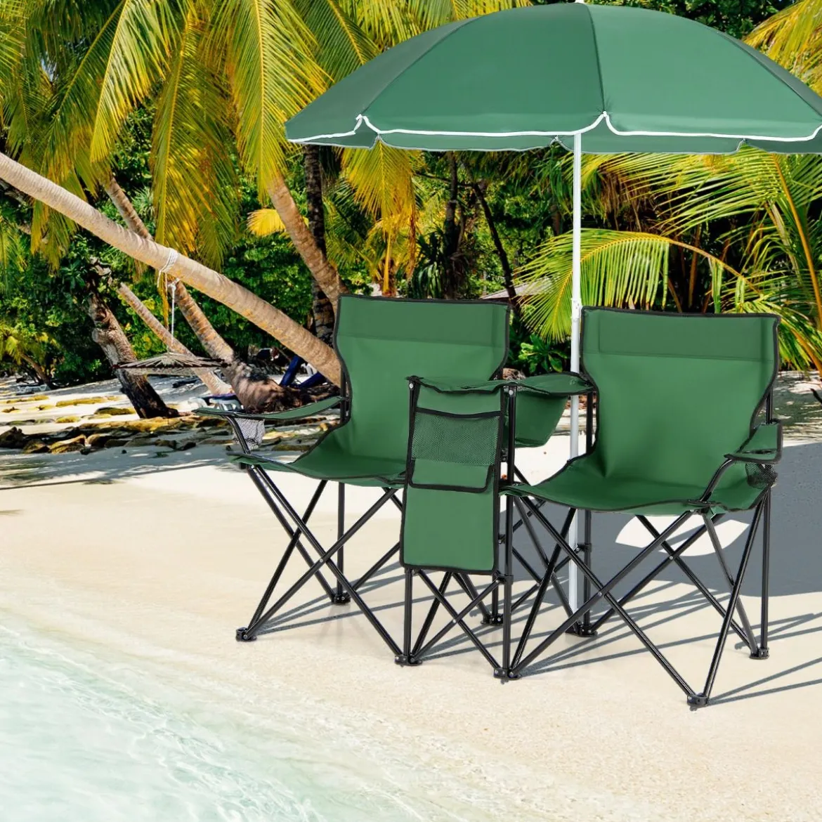 2-Sitzer Campingstuhl mit Sonnenschirm Klappbarer Angelstuhl mit Tragetasche Faltstuhl