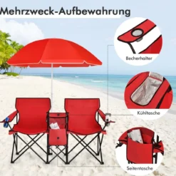 2-Sitzer Campingstuhl mit Sonnenschirm Klappbarer Angelstuhl mit Tragetasche Faltstuhl