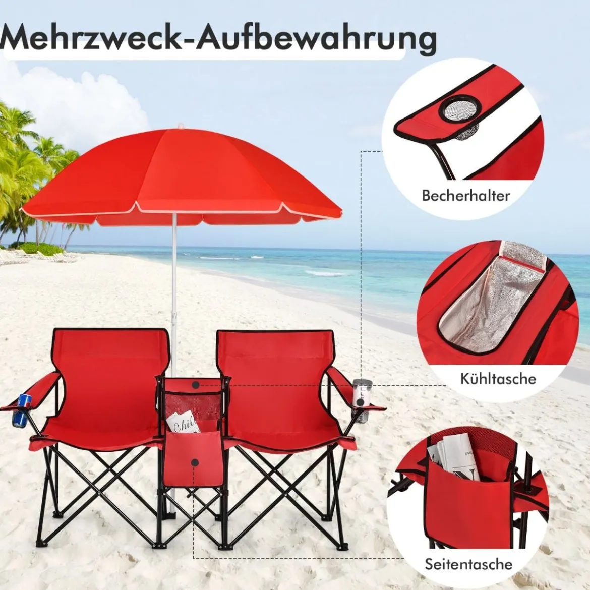 2-Sitzer Campingstuhl mit Sonnenschirm Klappbarer Angelstuhl mit Tragetasche Faltstuhl