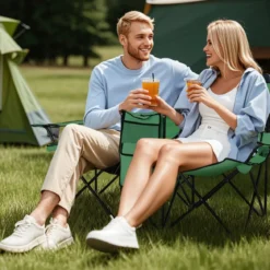 2-Sitzer Campingstuhl mit Sonnenschirm Klappbarer Angelstuhl mit Tragetasche Faltstuhl