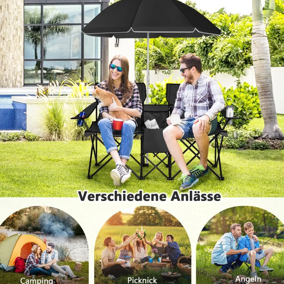 2-Sitzer Campingstuhl mit Sonnenschirm Klappbarer Angelstuhl mit Tragetasche Faltstuhl