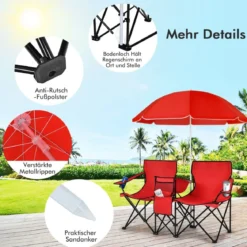 2-Sitzer Campingstuhl mit Sonnenschirm Klappbarer Angelstuhl mit Tragetasche Faltstuhl