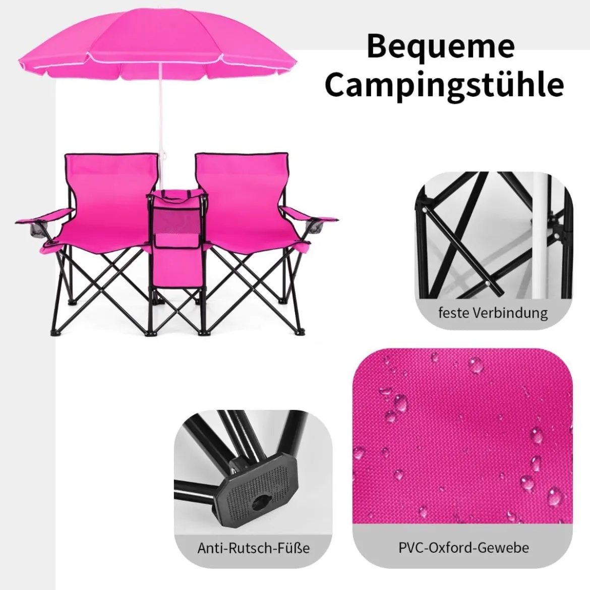 2-Sitzer Campingstuhl mit Sonnenschirm Klappbarer Angelstuhl mit Tragetasche Faltstuhl