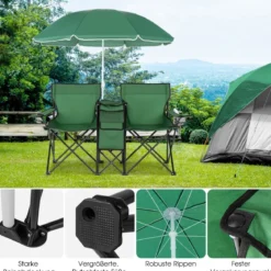 2-Sitzer Campingstuhl mit Sonnenschirm Klappbarer Angelstuhl mit Tragetasche Faltstuhl