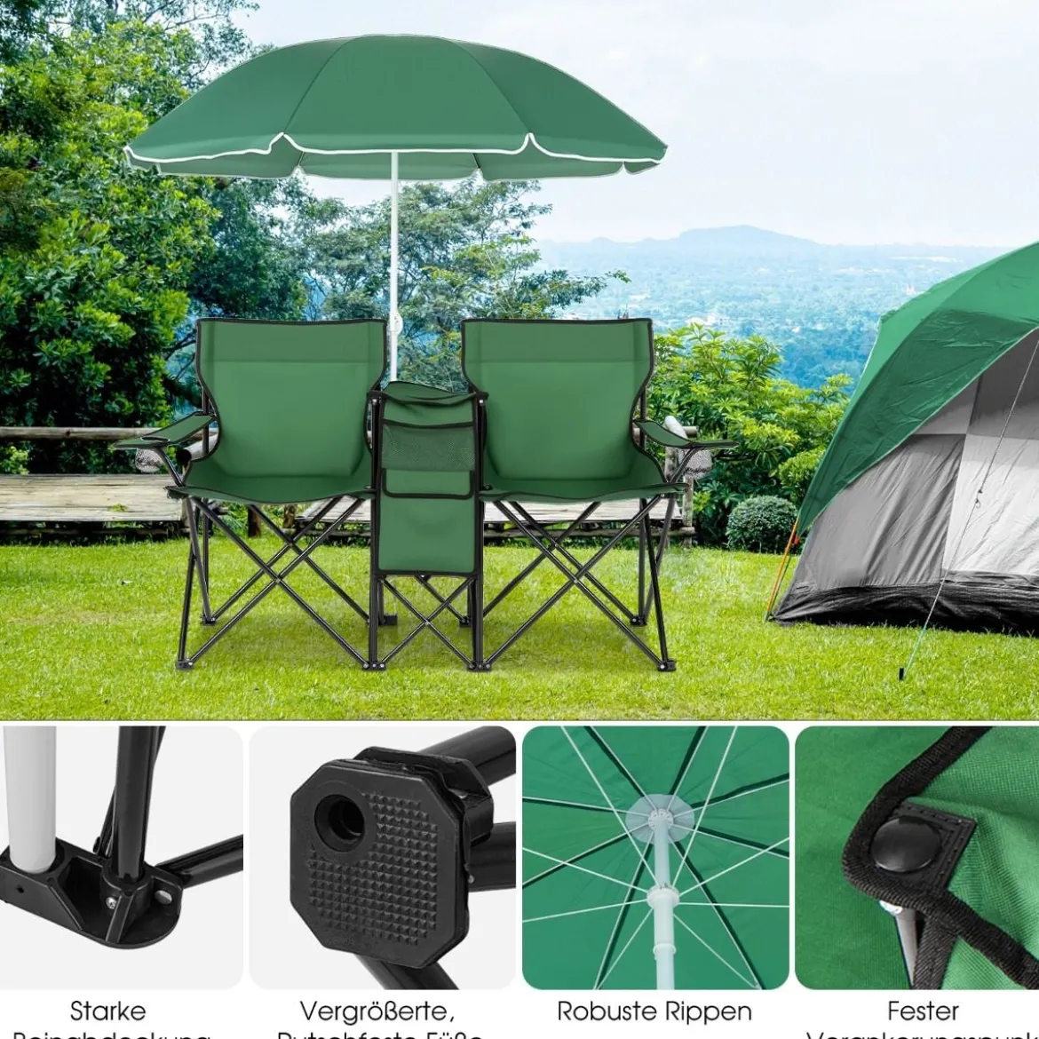 2-Sitzer Campingstuhl mit Sonnenschirm Klappbarer Angelstuhl mit Tragetasche Faltstuhl