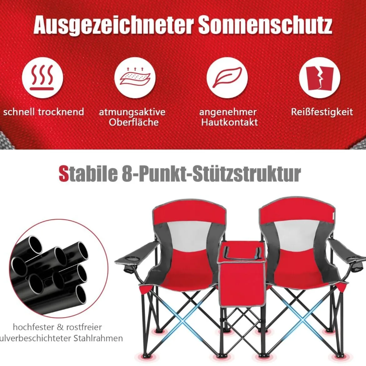 2-Sitzer Campingstuhl mit Sonnenschutz Mini-Tisch klappbarer Angelstuhl mit Tragetasche 166 x 71 x 151 cm Rot