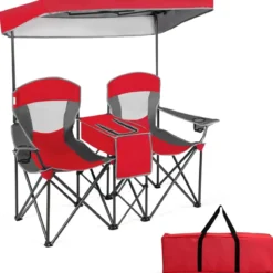 2-Sitzer Campingstuhl mit Sonnenschutz Mini-Tisch klappbarer Angelstuhl mit Tragetasche 166 x 71 x 151 cm Rot
