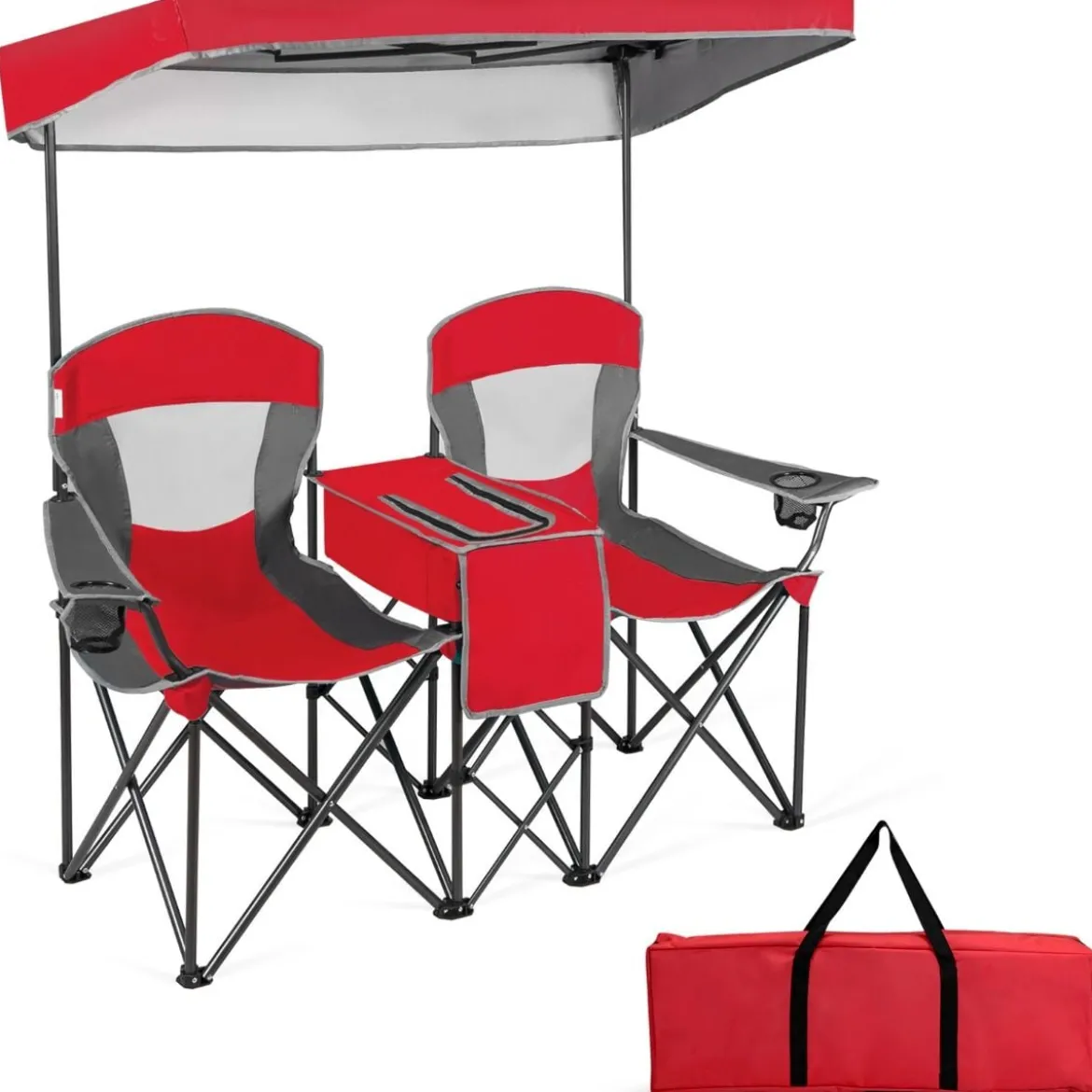 2-Sitzer Campingstuhl mit Sonnenschutz Mini-Tisch klappbarer Angelstuhl mit Tragetasche 166 x 71 x 151 cm Rot