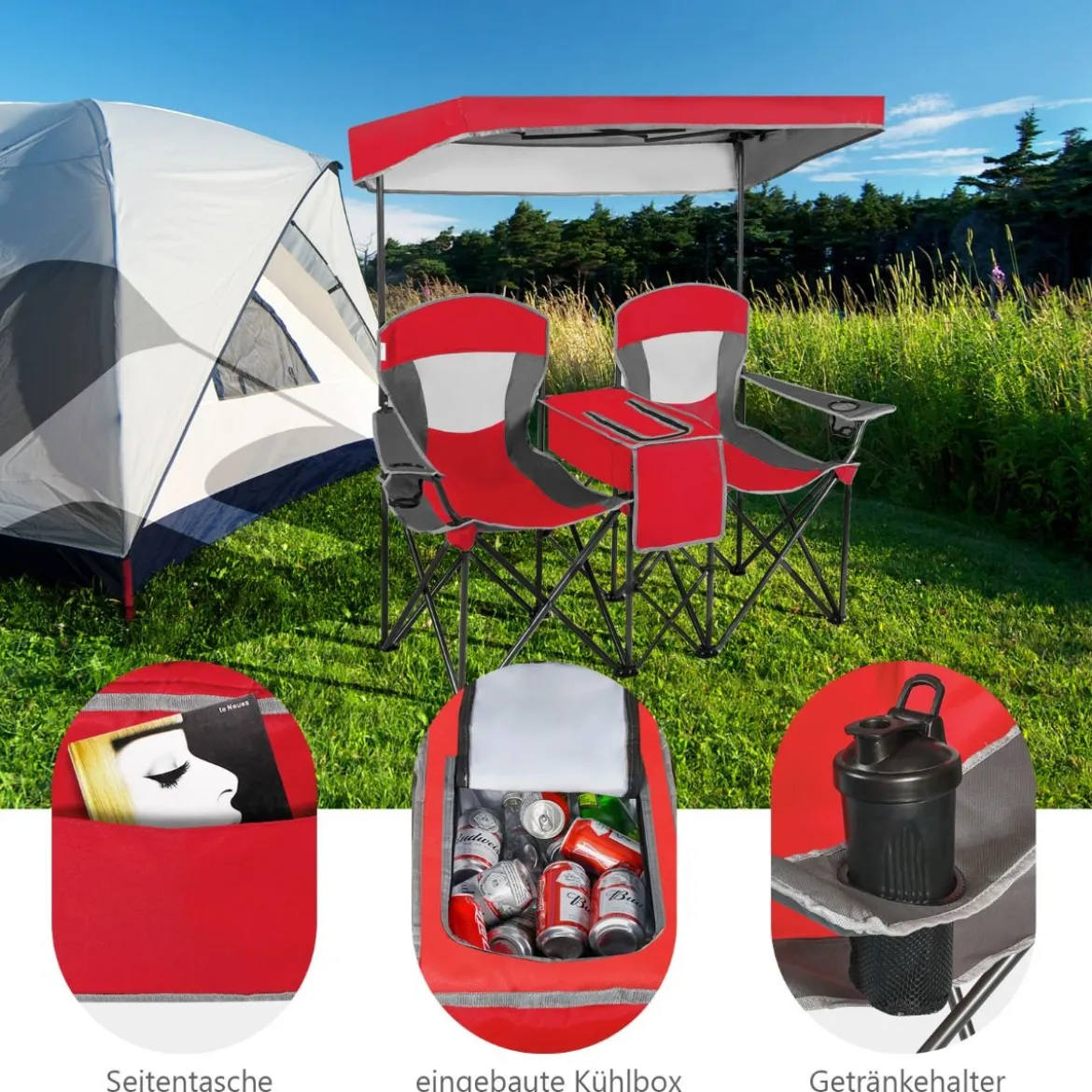 2-Sitzer Campingstuhl mit Sonnenschutz Mini-Tisch klappbarer Angelstuhl mit Tragetasche 166 x 71 x 151 cm Rot