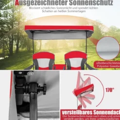 2-Sitzer Campingstuhl mit Sonnenschutz Mini-Tisch klappbarer Angelstuhl mit Tragetasche 166 x 71 x 151 cm Rot
