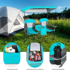 2-Sitzer Campingstuhl mit Sonnenschutz Mini-Tisch klappbarer Angelstuhl mit Tragetasche 166 x 71 x 151 cm Türkis