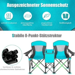2-Sitzer Campingstuhl mit Sonnenschutz Mini-Tisch klappbarer Angelstuhl mit Tragetasche 166 x 71 x 151 cm Türkis