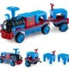 3-Sitzer Elektrische Zugset 12V Kinderfahrzeug mit 2 abnehmbaren Sitzen 1 Lokomotive & 1 Waggon Elektrofahrzeug Blau