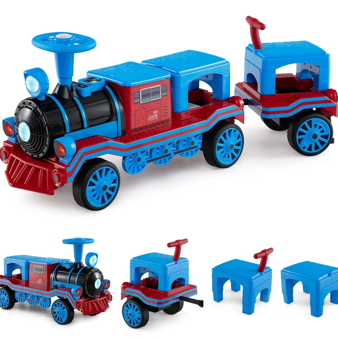 3-Sitzer Elektrische Zugset 12V Kinderfahrzeug mit 2 abnehmbaren Sitzen 1 Lokomotive & 1 Waggon Elektrofahrzeug Blau