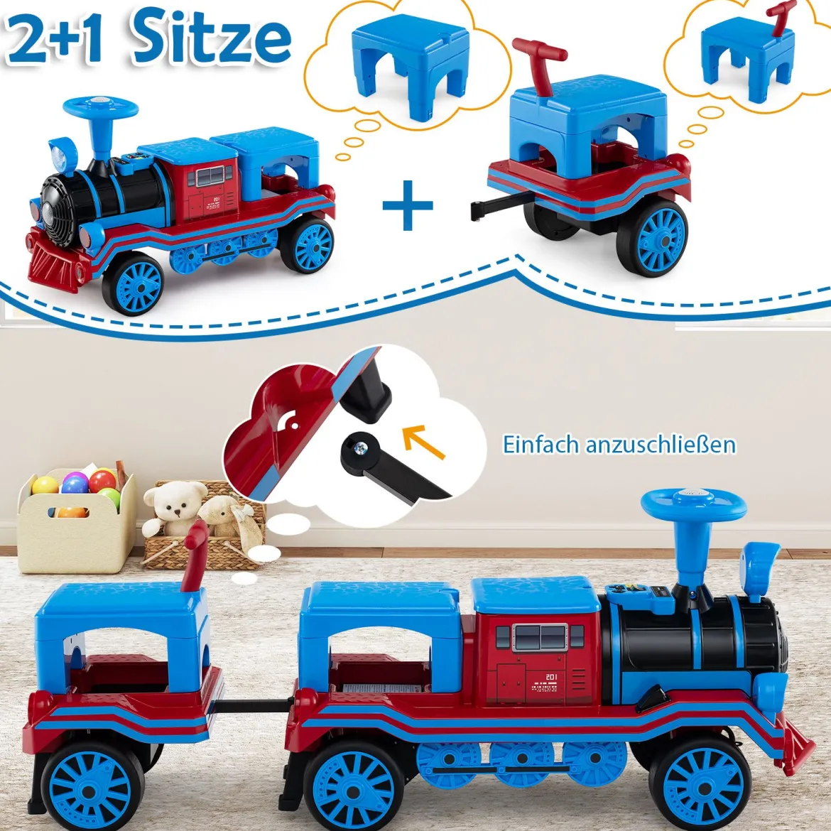3-Sitzer Elektrische Zugset 12V Kinderfahrzeug mit 2 abnehmbaren Sitzen 1 Lokomotive & 1 Waggon Elektrofahrzeug Blau