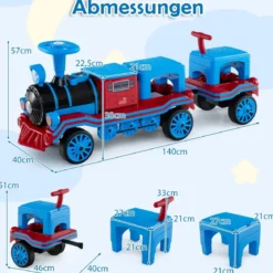 3-Sitzer Elektrische Zugset 12V Kinderfahrzeug mit 2 abnehmbaren Sitzen 1 Lokomotive & 1 Waggon Elektrofahrzeug Blau