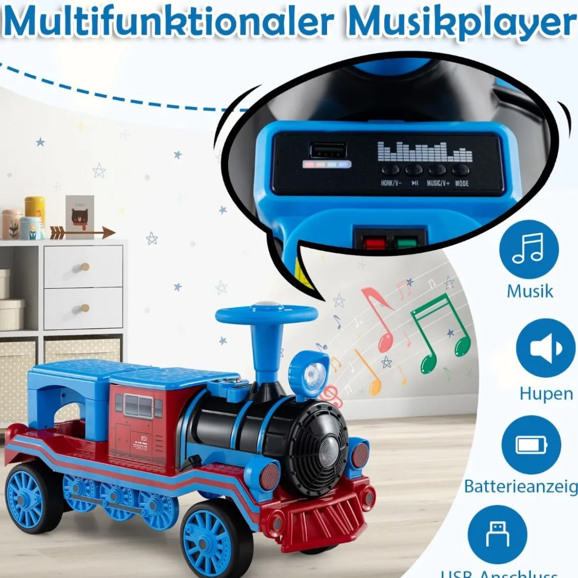 3-Sitzer Elektrische Zugset 12V Kinderfahrzeug mit 2 abnehmbaren Sitzen 1 Lokomotive & 1 Waggon Elektrofahrzeug Blau