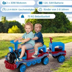 3-Sitzer Elektrische Zugset 12V Kinderfahrzeug mit 2 abnehmbaren Sitzen 1 Lokomotive & 1 Waggon Elektrofahrzeug Blau