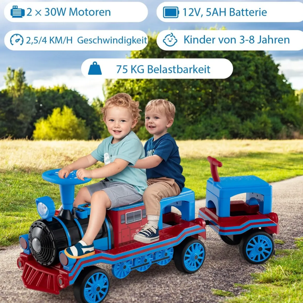 3-Sitzer Elektrische Zugset 12V Kinderfahrzeug mit 2 abnehmbaren Sitzen 1 Lokomotive & 1 Waggon Elektrofahrzeug Blau