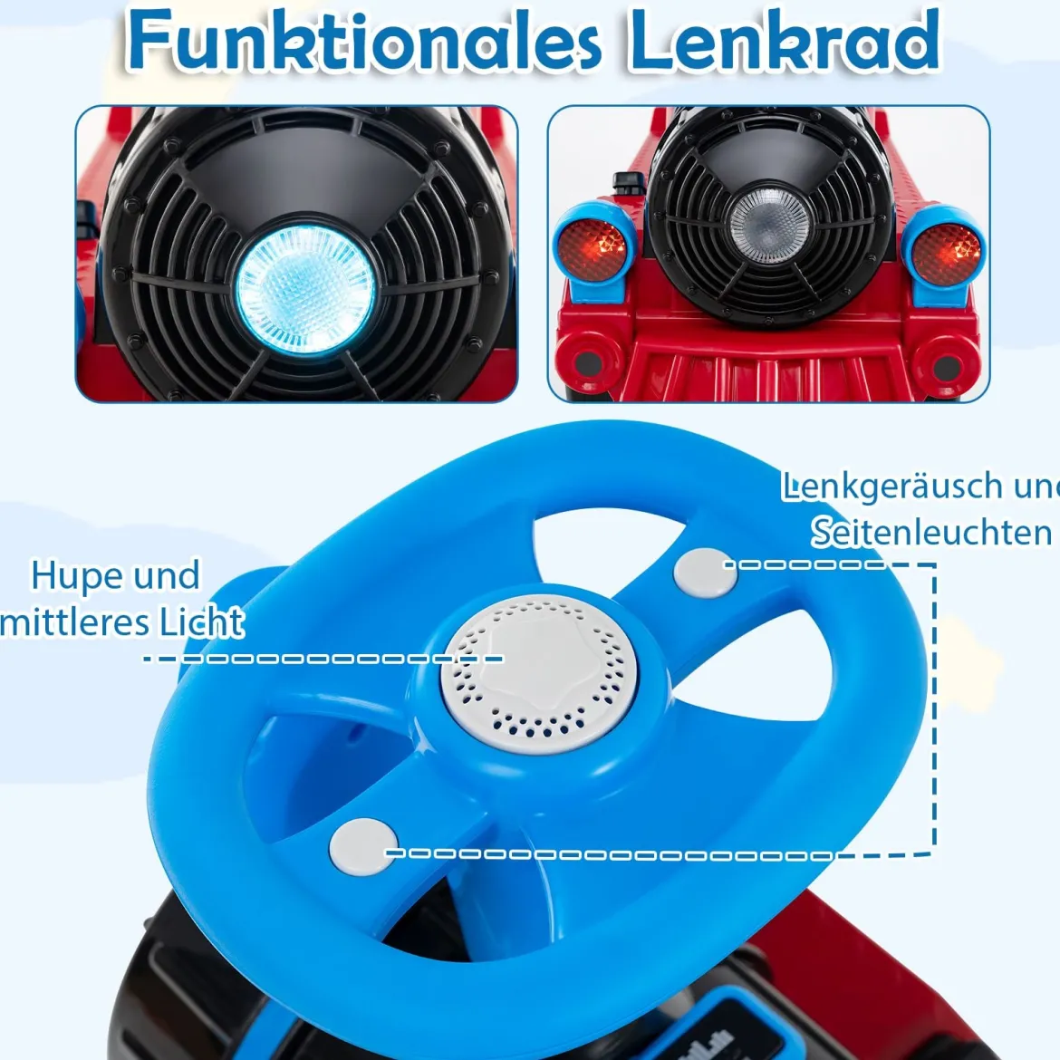 3-Sitzer Elektrische Zugset 12V Kinderfahrzeug mit 2 abnehmbaren Sitzen 1 Lokomotive & 1 Waggon Elektrofahrzeug Blau