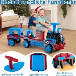3-Sitzer Elektrische Zugset 12V Kinderfahrzeug mit 2 abnehmbaren Sitzen 1 Lokomotive & 1 Waggon Elektrofahrzeug Blau