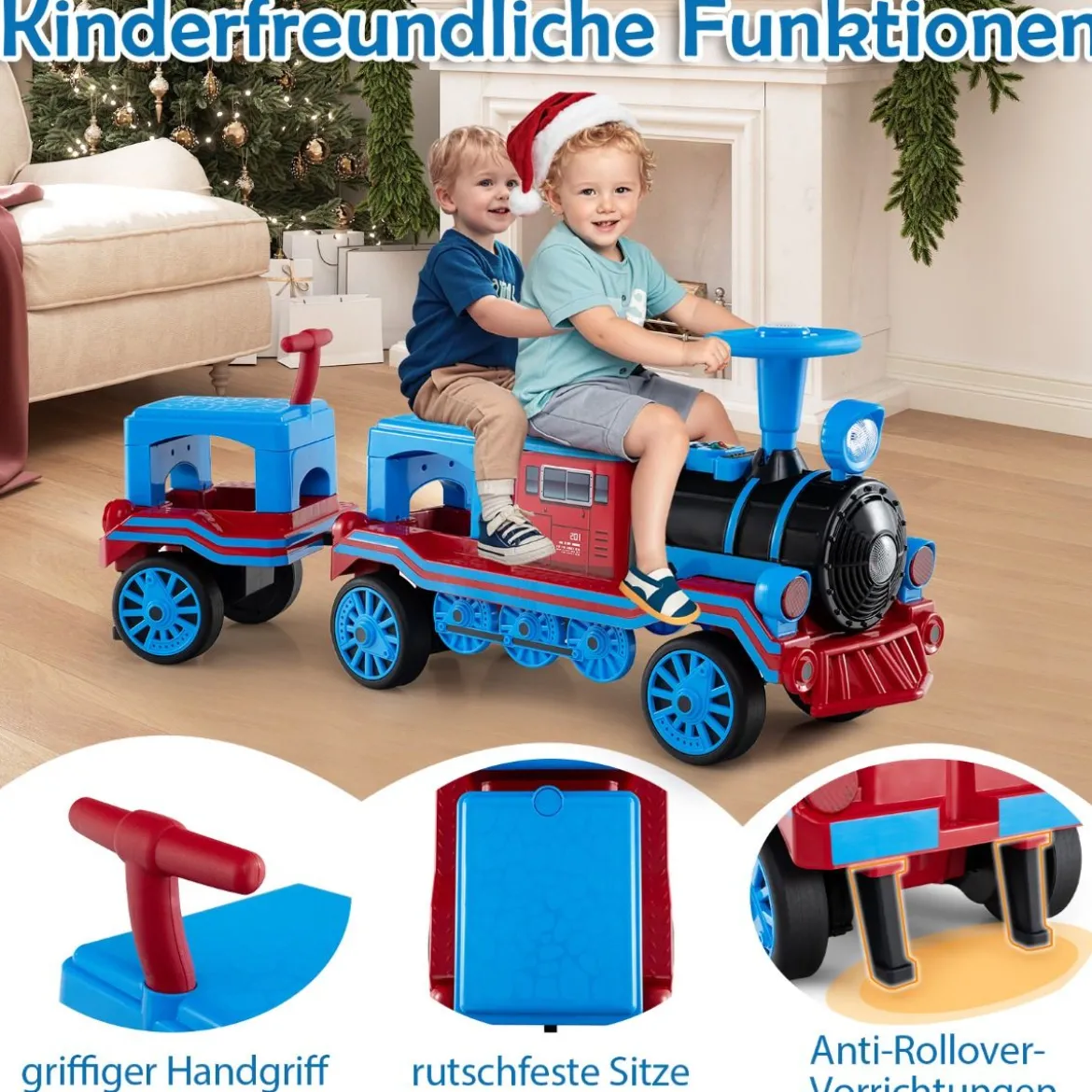 3-Sitzer Elektrische Zugset 12V Kinderfahrzeug mit 2 abnehmbaren Sitzen 1 Lokomotive & 1 Waggon Elektrofahrzeug Blau