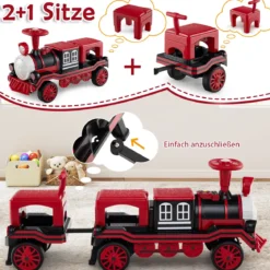 3-Sitzer Elektrische Zugset 12V Kinderfahrzeug mit 2 abnehmbaren Sitzen 1 Lokomotive & 1 Waggon Elektrofahrzeug Rot