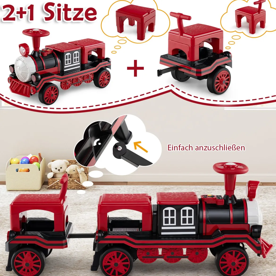 3-Sitzer Elektrische Zugset 12V Kinderfahrzeug mit 2 abnehmbaren Sitzen 1 Lokomotive & 1 Waggon Elektrofahrzeug Rot