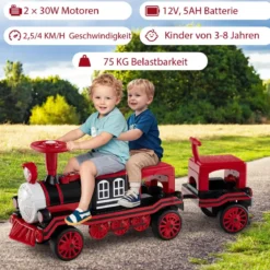 3-Sitzer Elektrische Zugset 12V Kinderfahrzeug mit 2 abnehmbaren Sitzen 1 Lokomotive & 1 Waggon Elektrofahrzeug Rot
