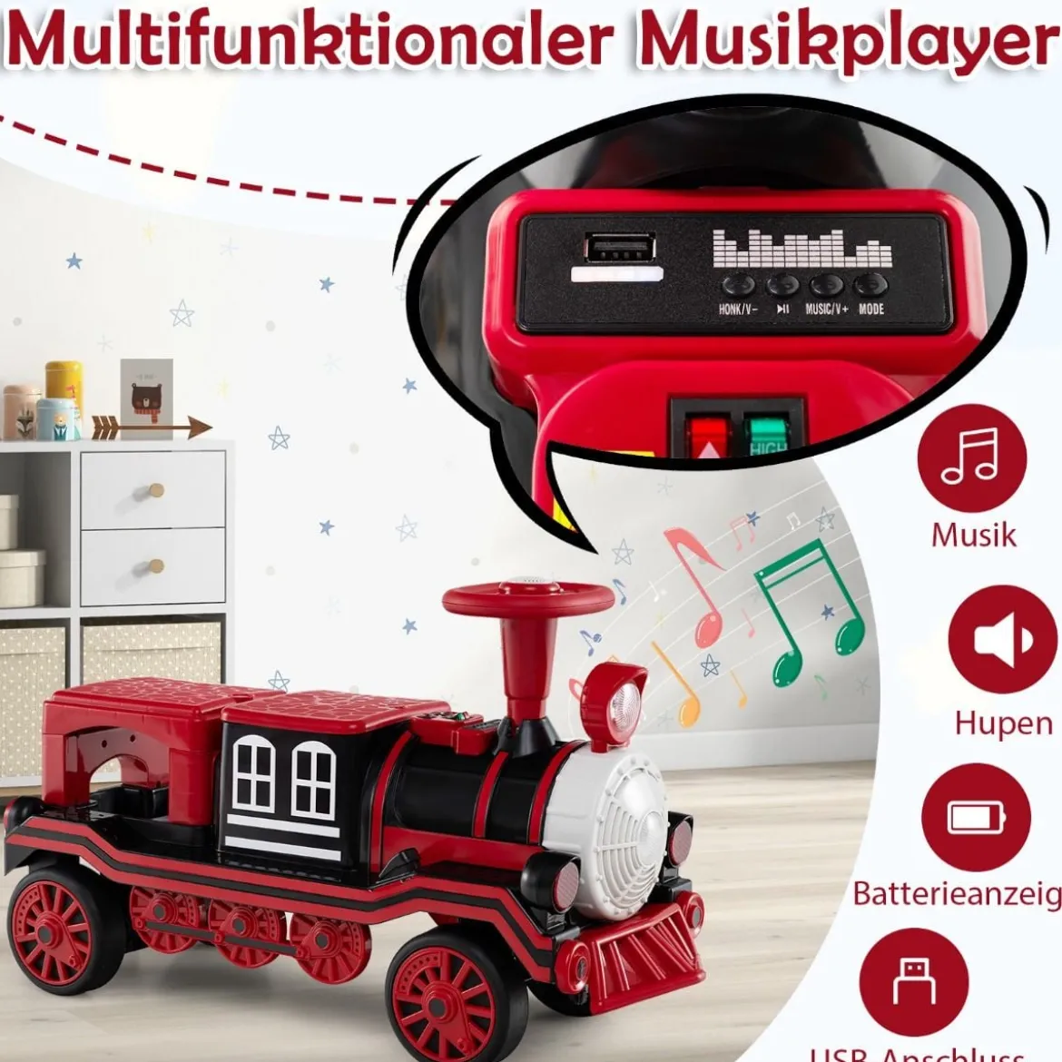 3-Sitzer Elektrische Zugset 12V Kinderfahrzeug mit 2 abnehmbaren Sitzen 1 Lokomotive & 1 Waggon Elektrofahrzeug Rot