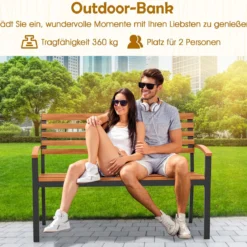 2-Sitzer Gartenbank aus Akazienholz mit Armlehnen & Metallrahmen Wetterfest Holzbank